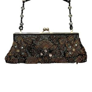 Vintage Y2K Fashion Express Beaded Evening Bag Purse Floral Black Satin Clutch